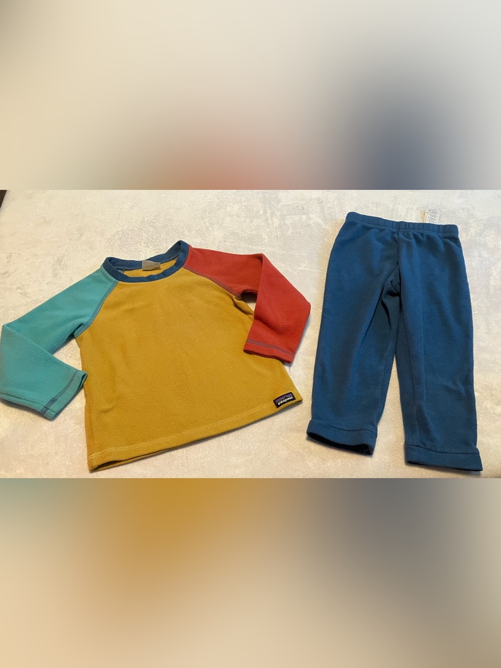 Patagonia Colorblock Fleece Base Layer Top & Pants - Mustard, Teal & Red